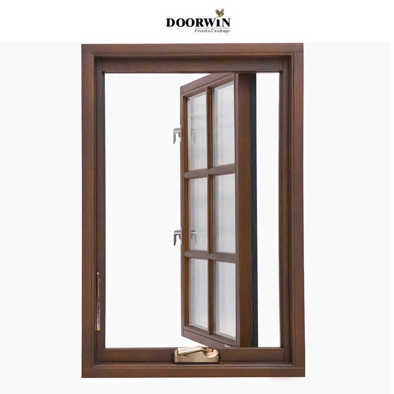 Doorwin 2021best seller double glazed fully tempered safety glass natural wood frame crank casement window