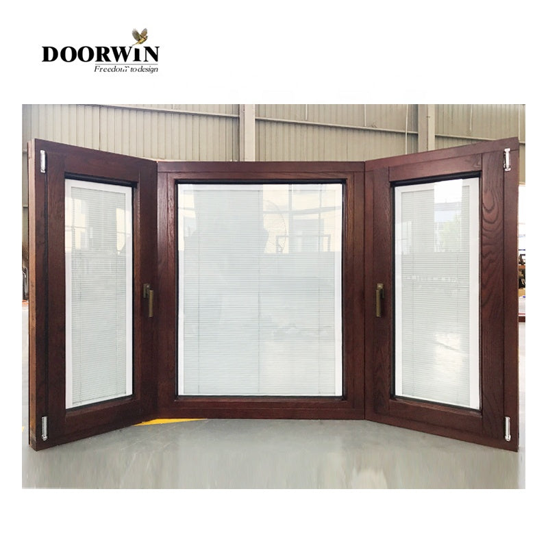 Doorwin 2021China Manufacturer Cheap Price Solid Wood OAK Bay Bow Garden and Corner Window with Built-in Shutter for Sale Lowes