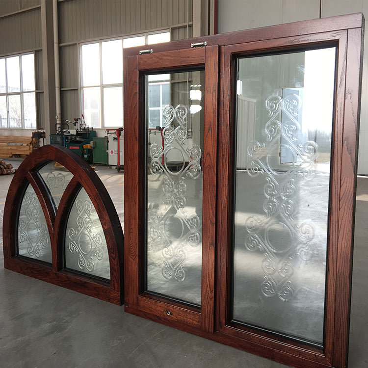 Doorwin 2021Customized Specialty Shapes Design Arc Top Oak Wood Window Frame with Carved Glass