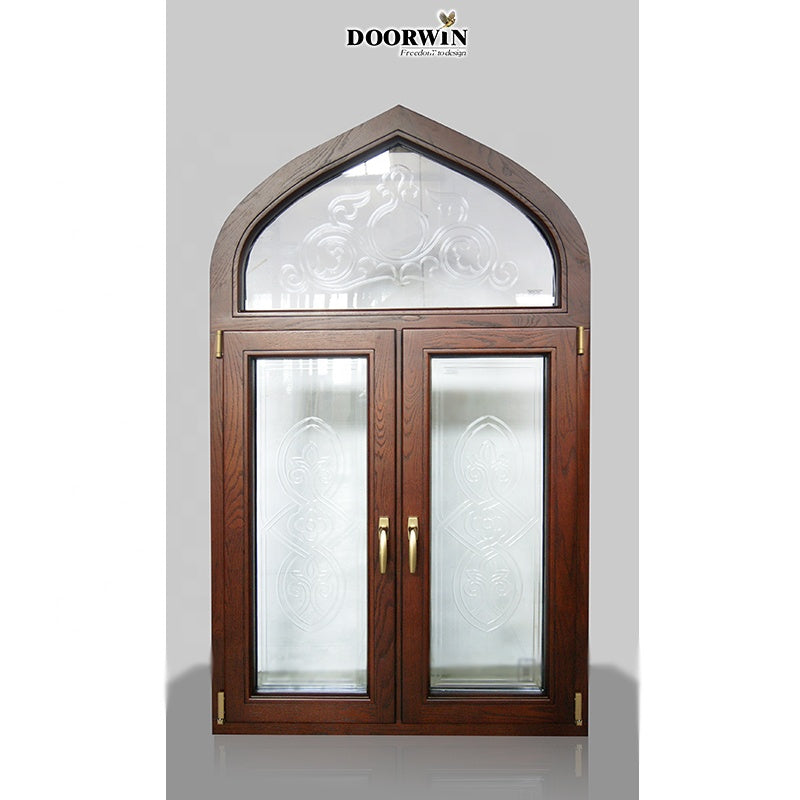 Doorwin 2021arched red oak wood frame carved glass pitcure style combined with push out wood windows