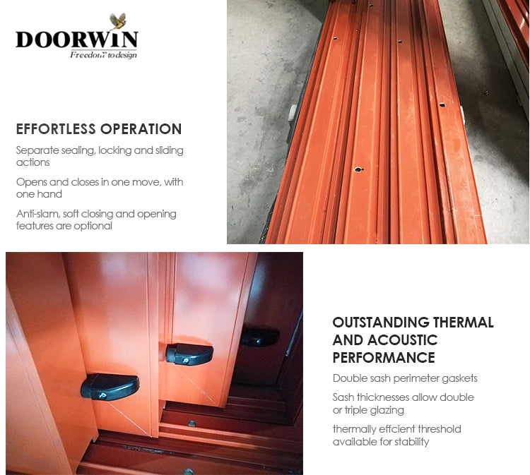 Doorwin 2021factory sale 4 panels exterior Oak Wood Aluminum-clad Heavy Duty Germany hardware system double glass Lift Sliding Door