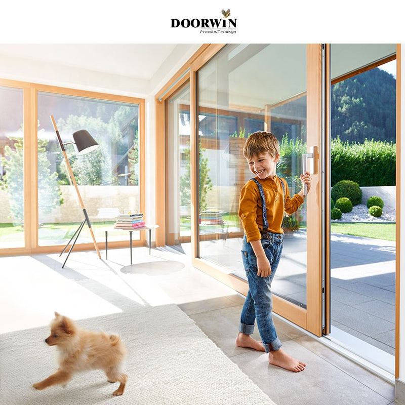 Doorwin 2021oak wooden 2 panel sliding glass doors with built in blinds