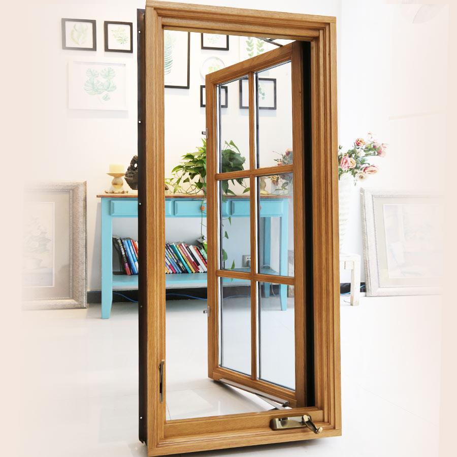 Doorwin 2021-American Casement Window Foldable crank handle  aluminum  clad solid oak wood window with grill design